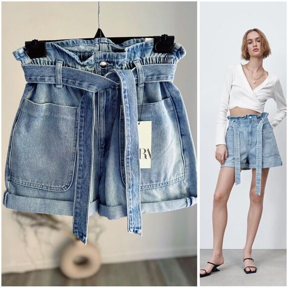 ZARA WOMAN PAPERBAG WAIST DENIM SHORTS 8228/056 - Picture 1 of 7